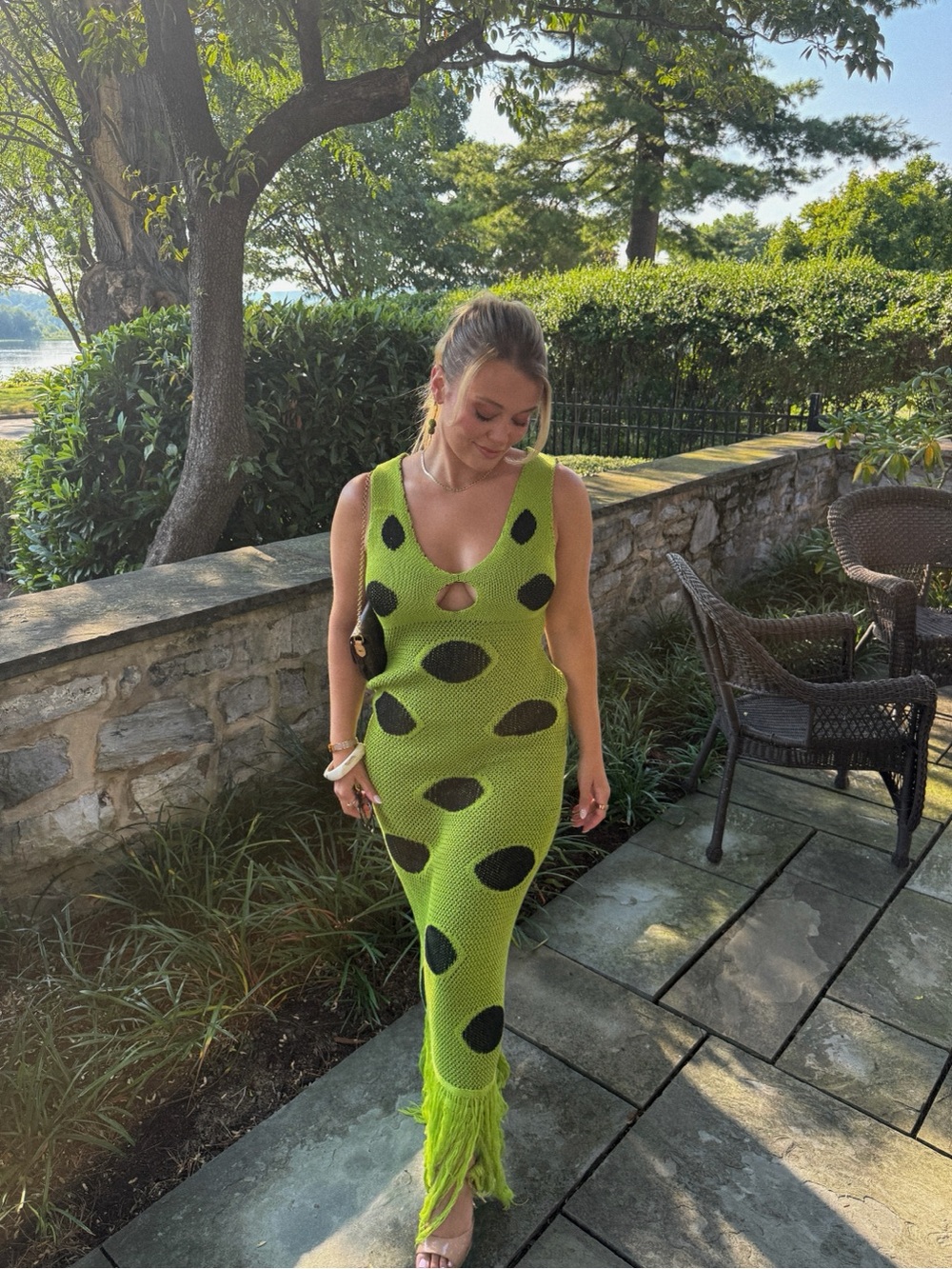 Green Polka Dot Knit Fringe Maxi Dress